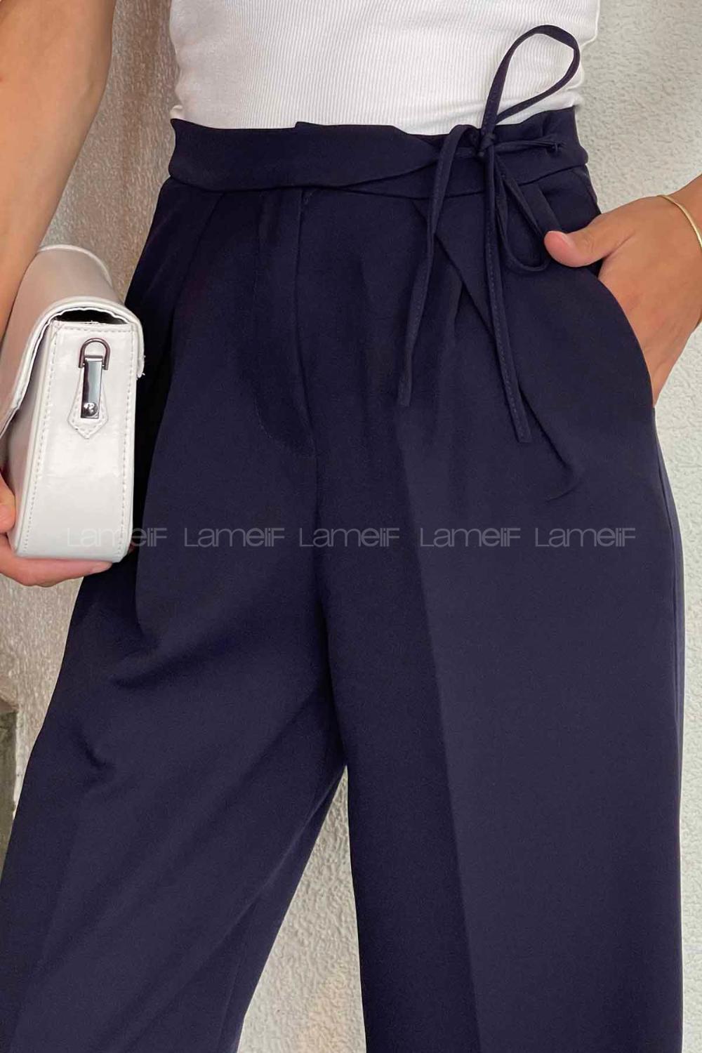 Lamelif İp Detaylı Pantolon Lacivert