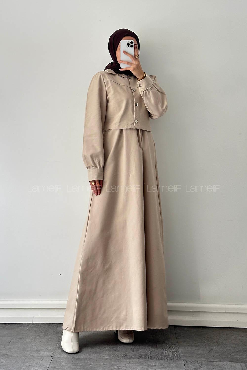 Beige Crew Neck Shirt Collar Long Arm Gabardin Suit