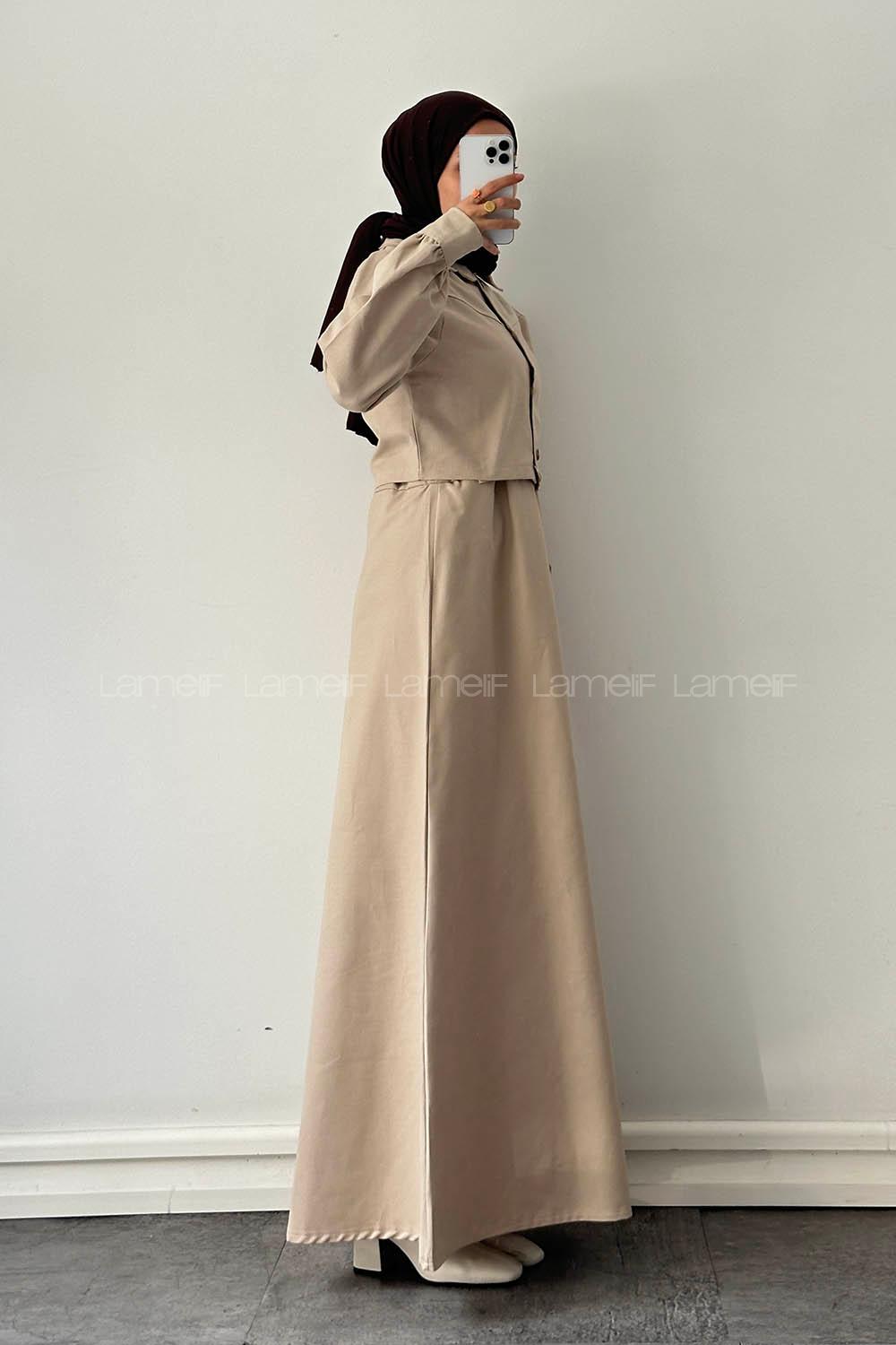 Beige Crew Neck Shirt Collar Long Arm Gabardin Suit