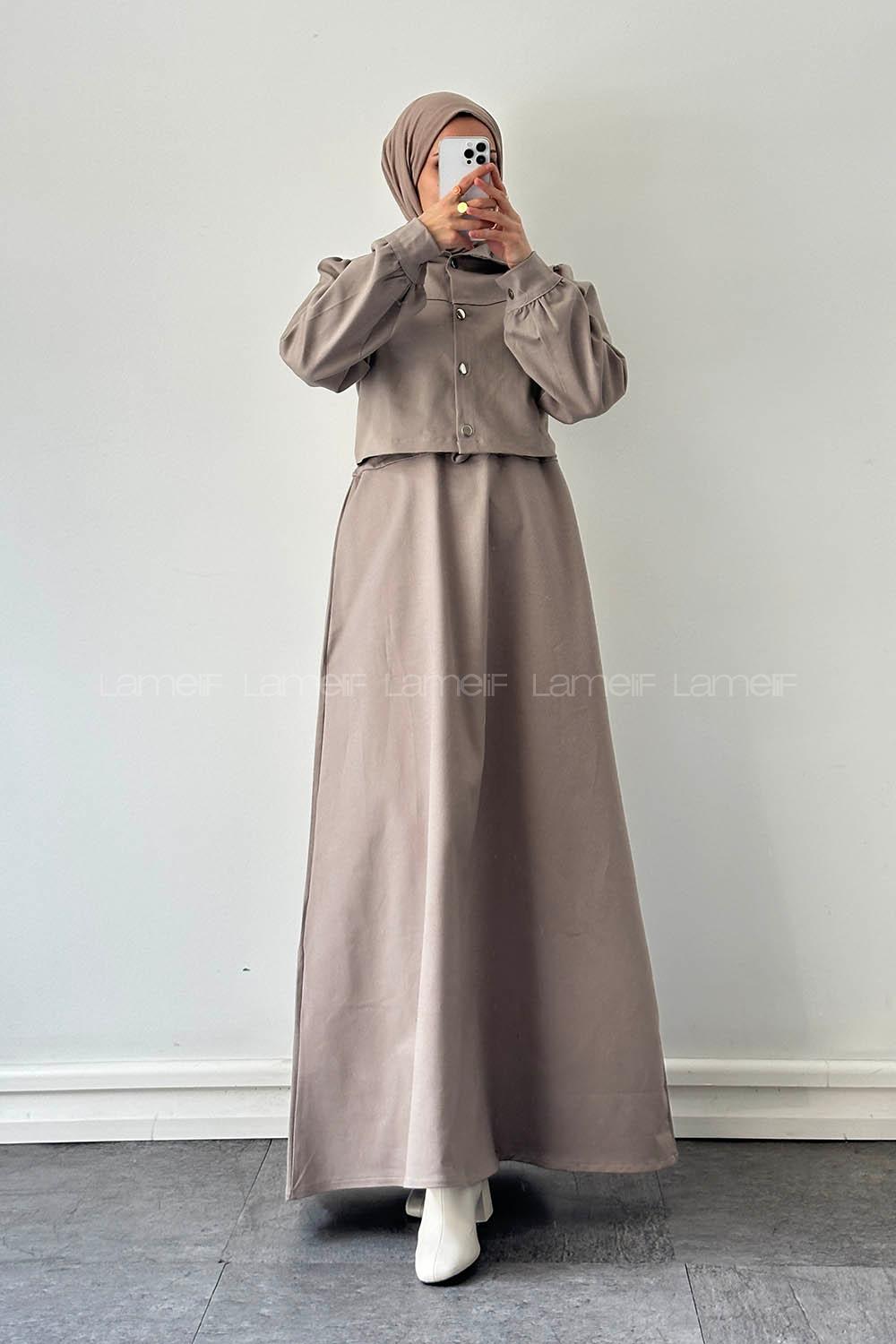 Sand Beige Crew Neck Shirt Collar Long Arm Gabardin Suit