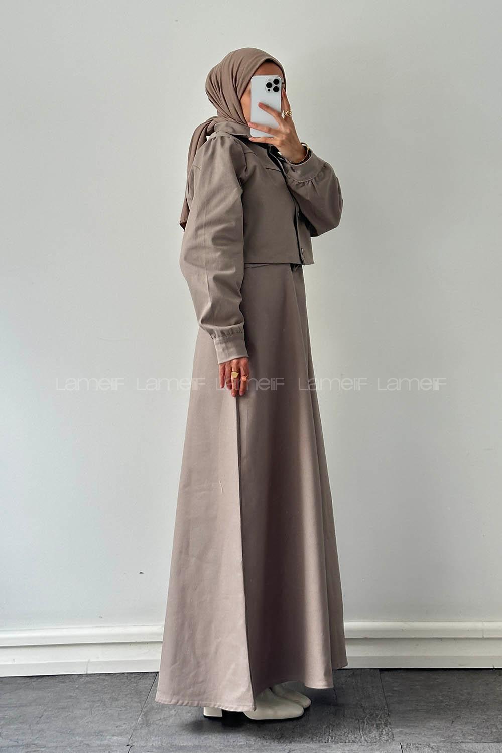 Sand Beige Crew Neck Shirt Collar Long Arm Gabardin Suit