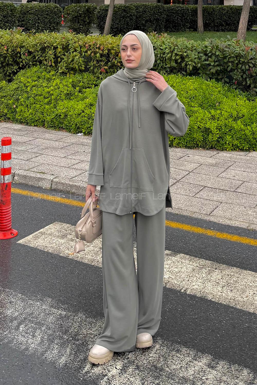 Lamelif Kapüşonlu Kanguru Cep İkili Takım Haki