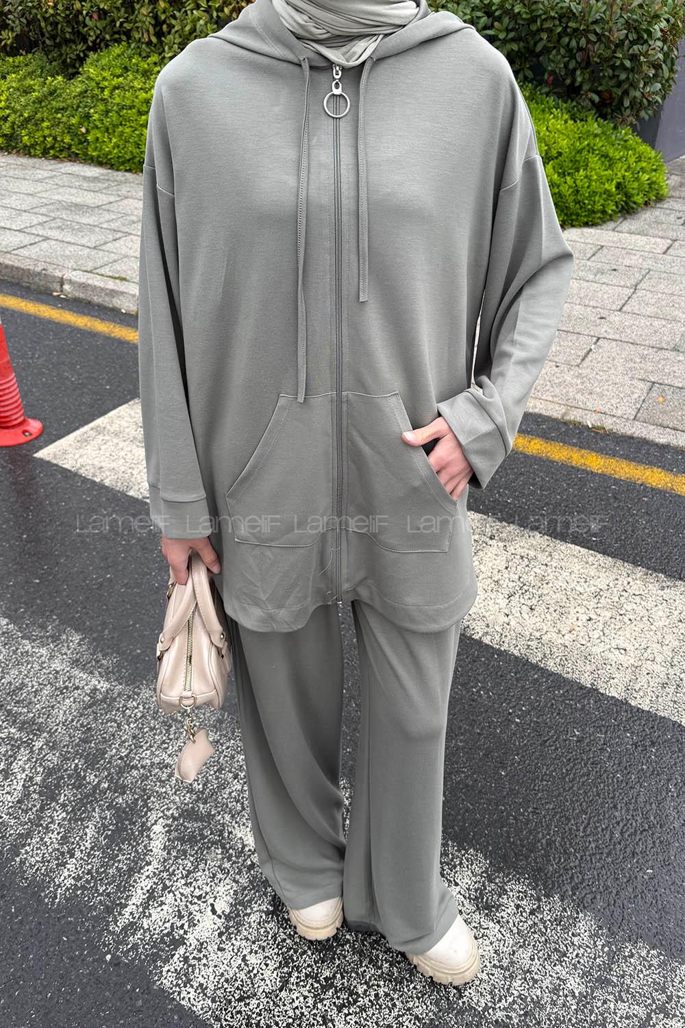 Lamelif Kapüşonlu Kanguru Cep İkili Takım Haki