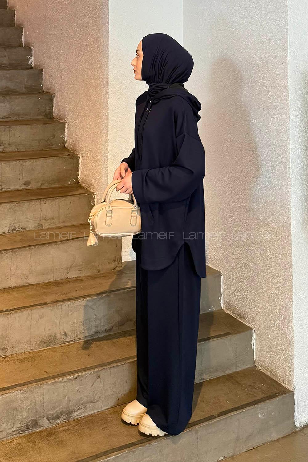 Lamelif Kapüşonlu Kanguru Cep İkili Takım Lacivert