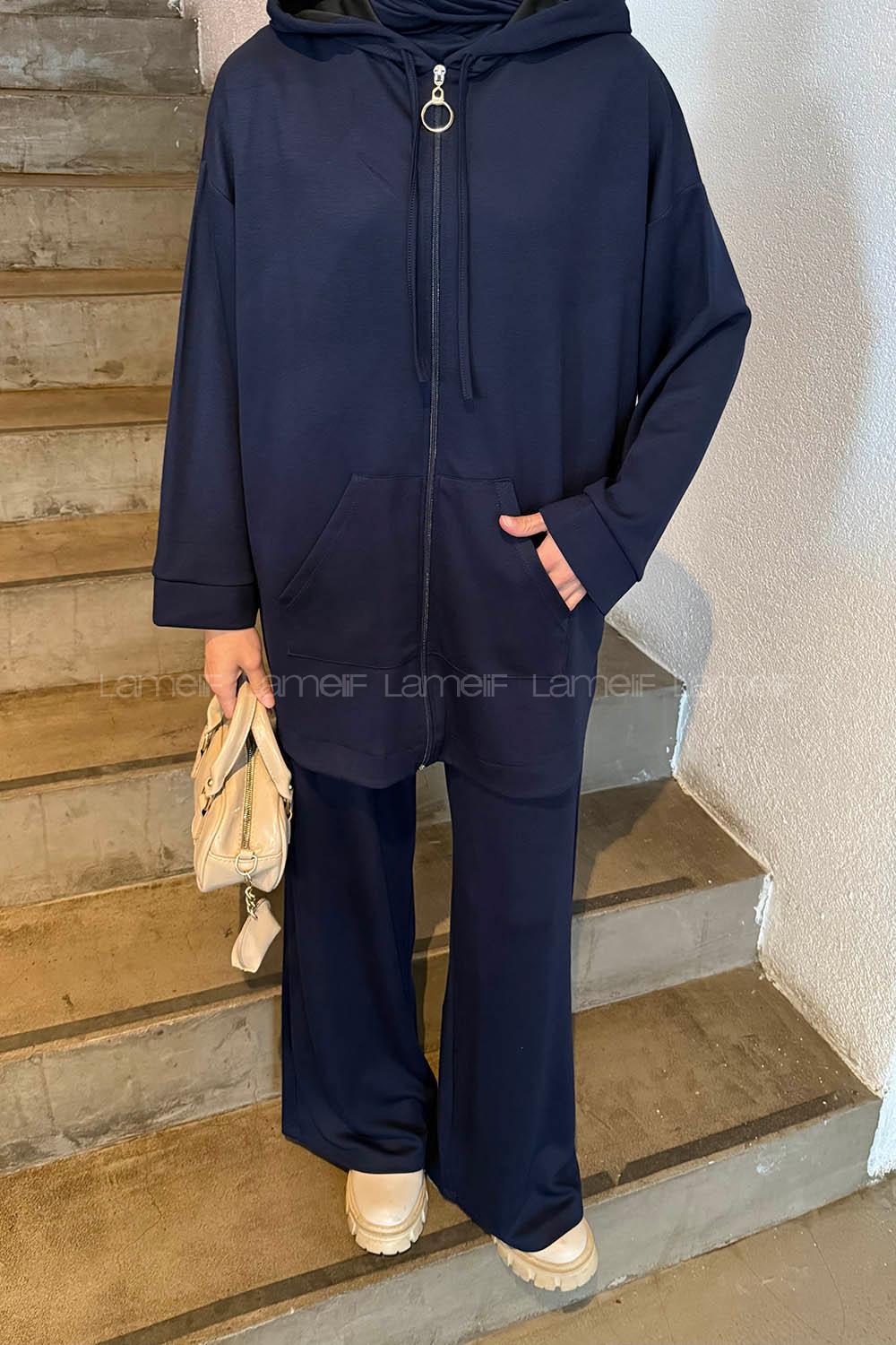 Lamelif Kapüşonlu Kanguru Cep İkili Takım Lacivert