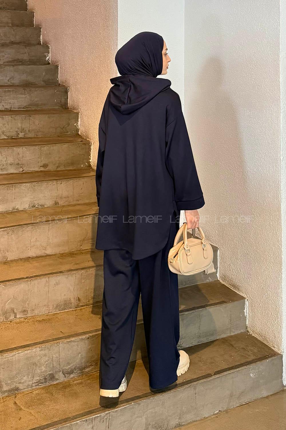 Lamelif Kapüşonlu Kanguru Cep İkili Takım Lacivert