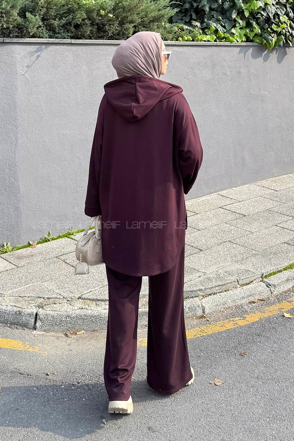 Lamelif Kapüşonlu Kanguru Cep İkili Takım Mürdüm