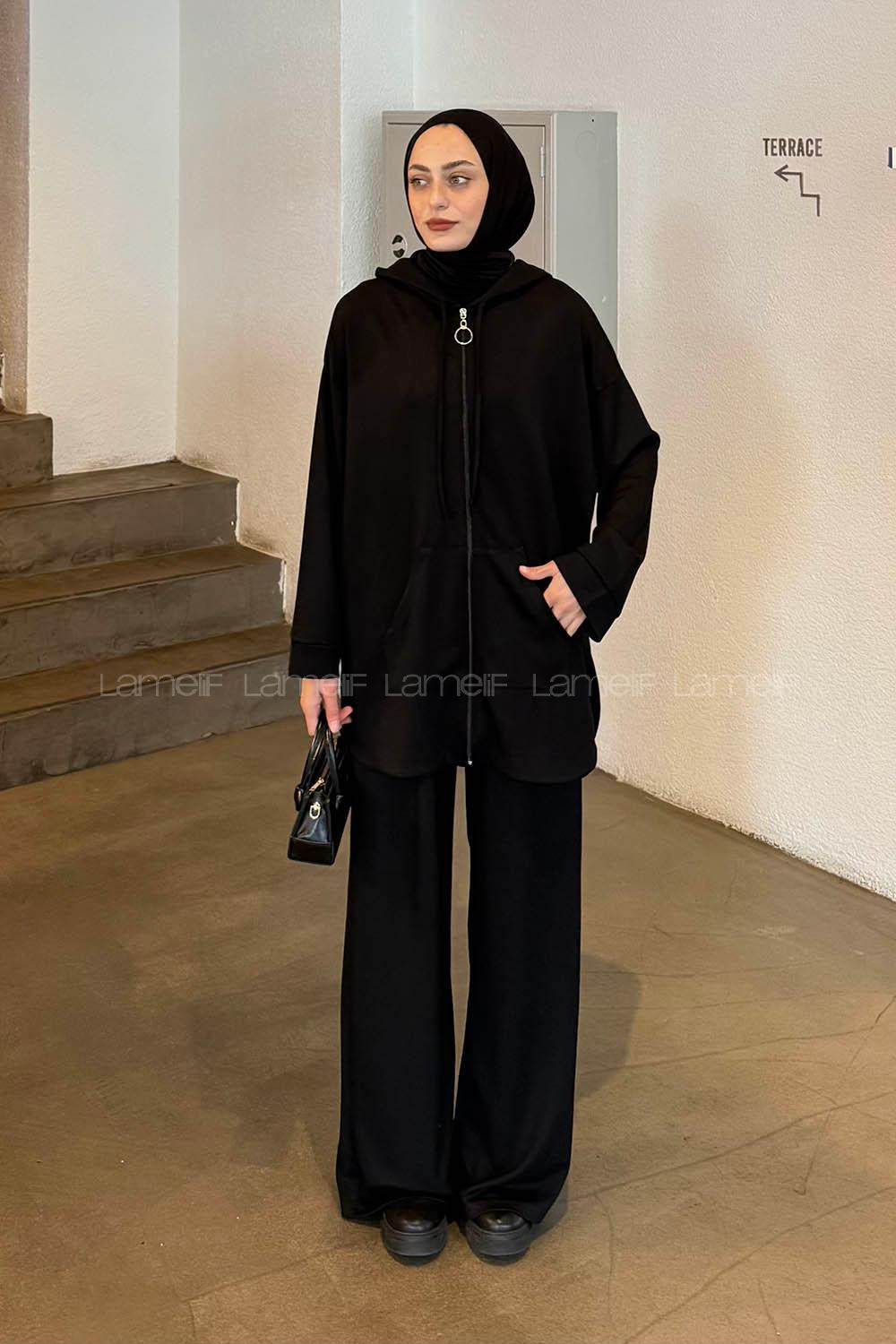 Lamelif Kapüşonlu Kanguru Cep İkili Takım Siyah