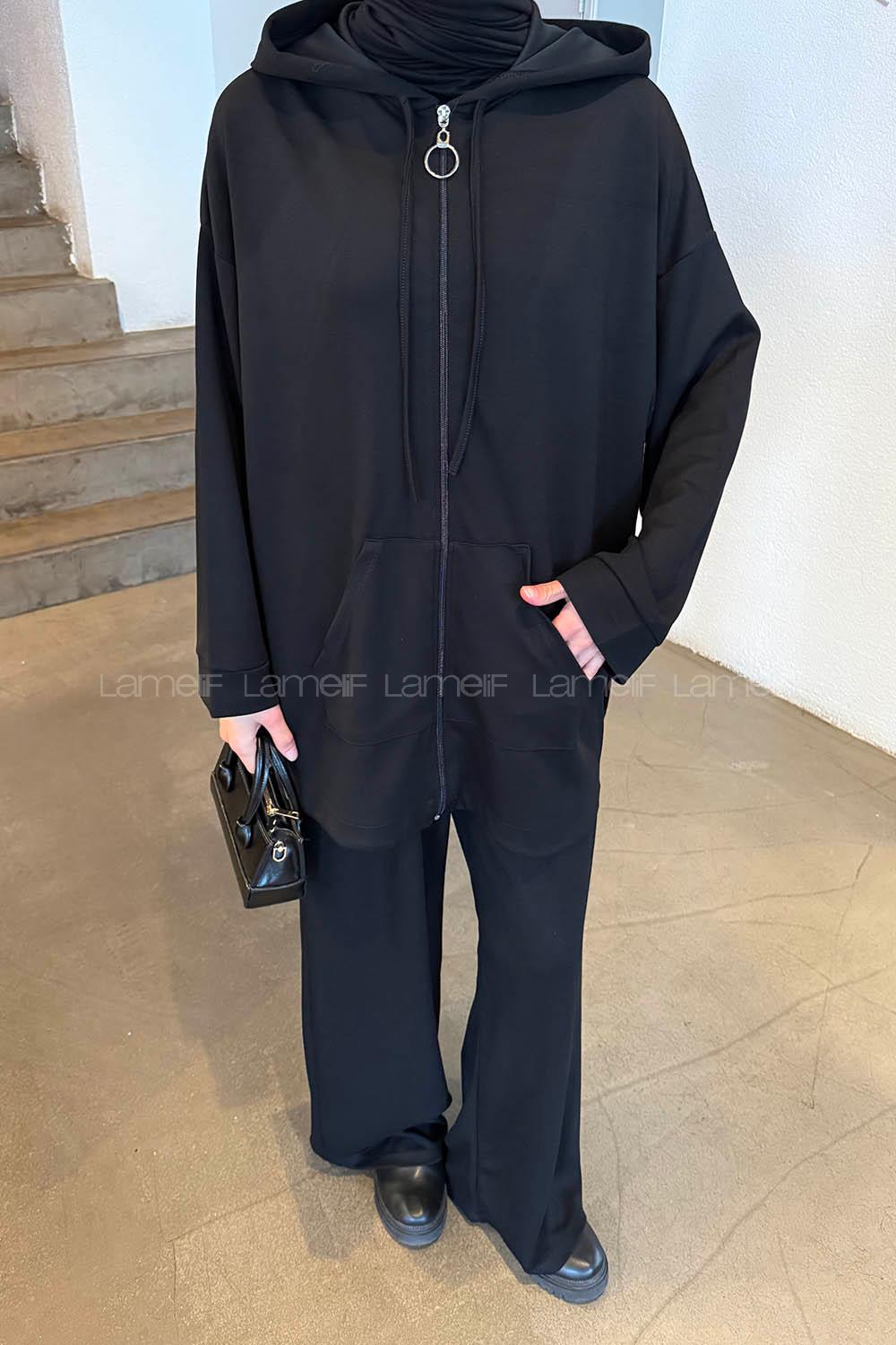 Lamelif Kapüşonlu Kanguru Cep İkili Takım Siyah