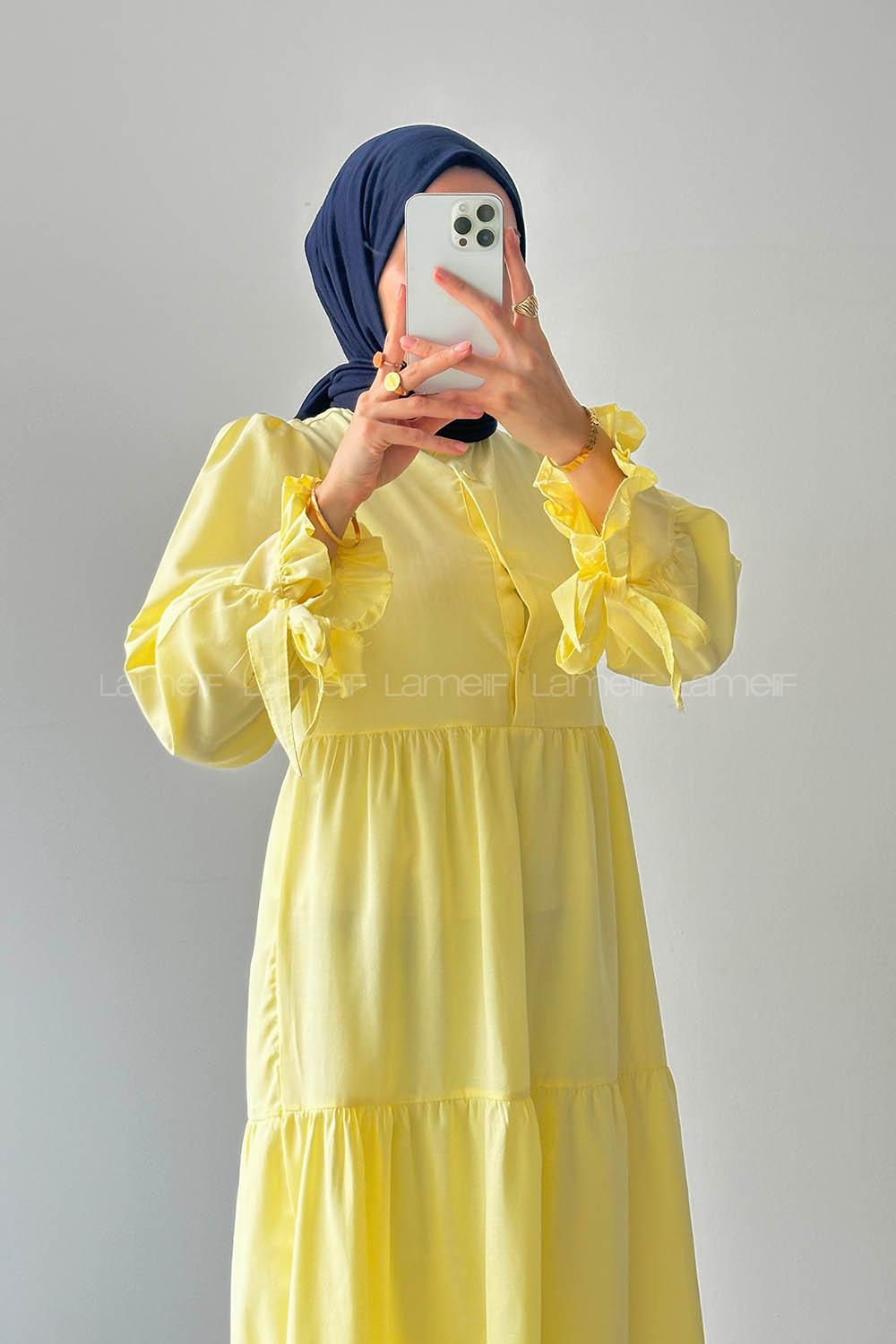 Lamelif Kol Bağlama Detaylı Tesettür Elbise Sarı