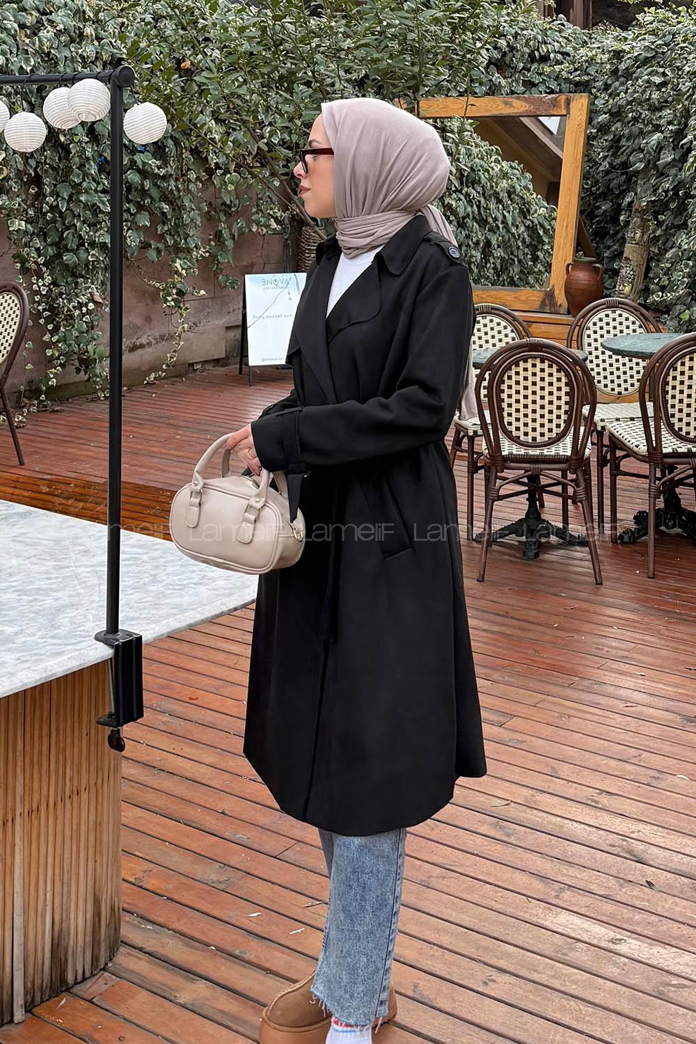 Lamelif Omuz Apoletli Süet Trençkot Siyah