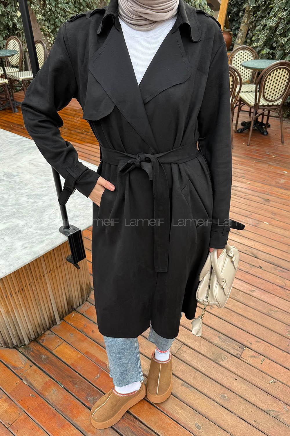 Lamelif Omuz Apoletli Süet Trençkot Siyah