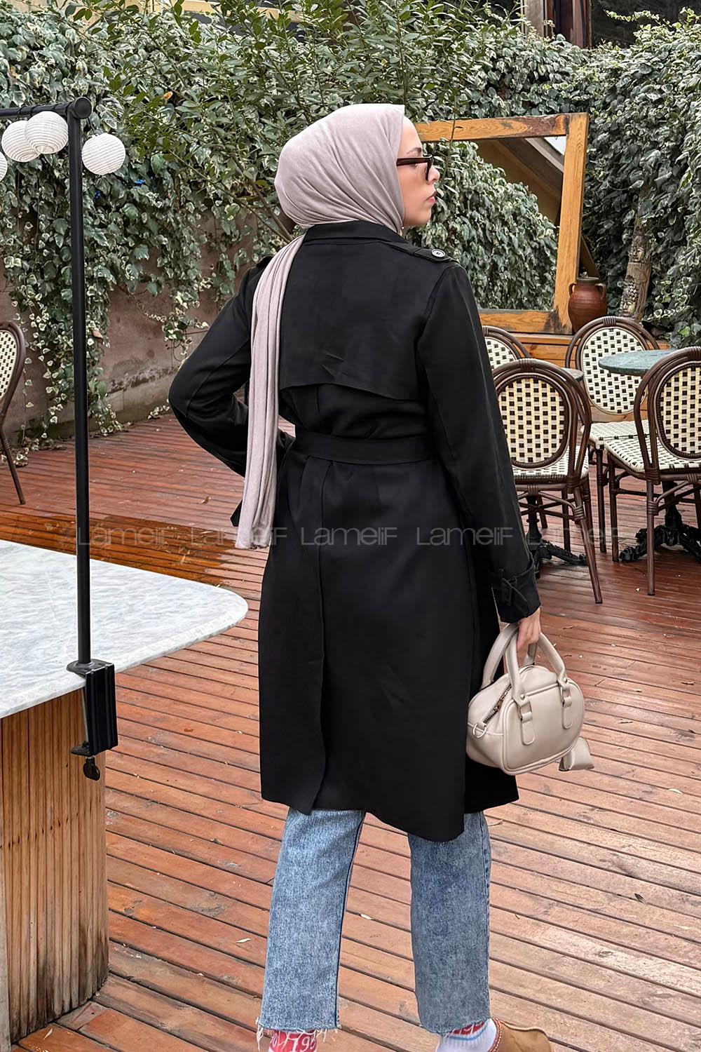 Lamelif Omuz Apoletli Süet Trençkot Siyah