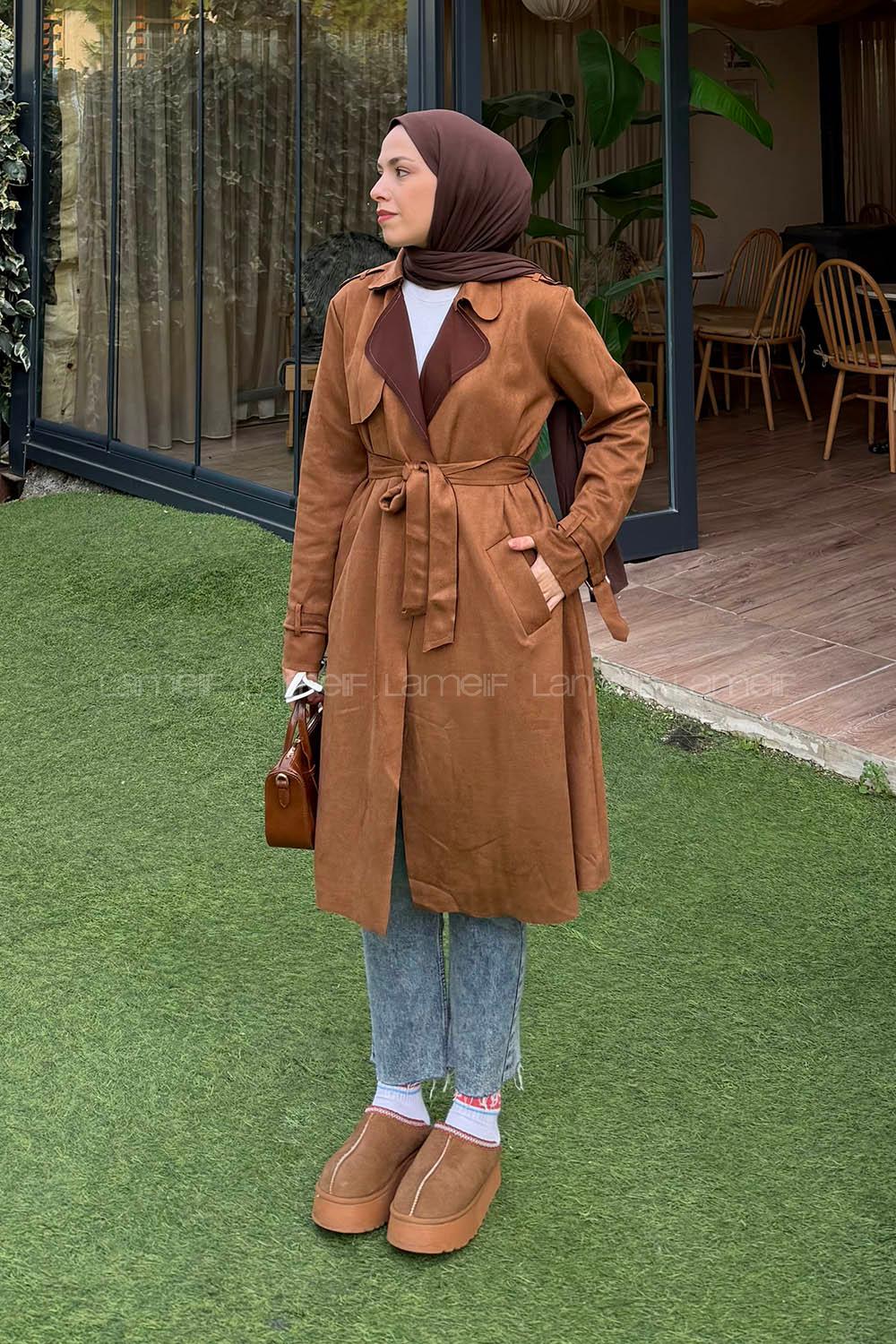 Lamelif Omuz Apoletli Süet Trençkot Taba