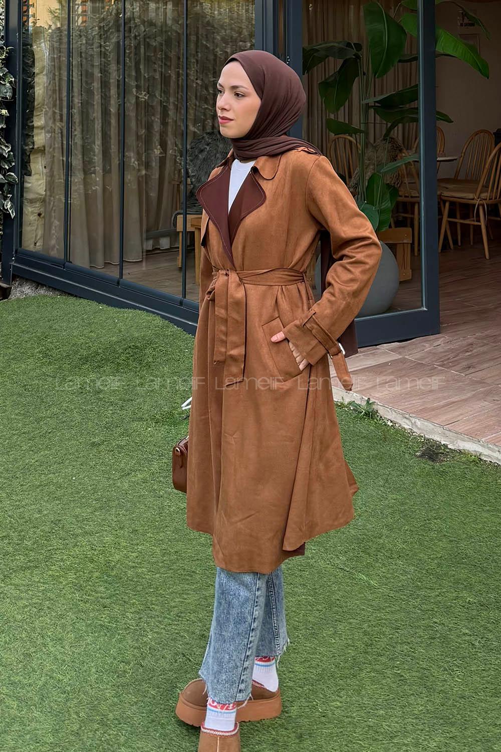 Lamelif Omuz Apoletli Süet Trençkot Taba
