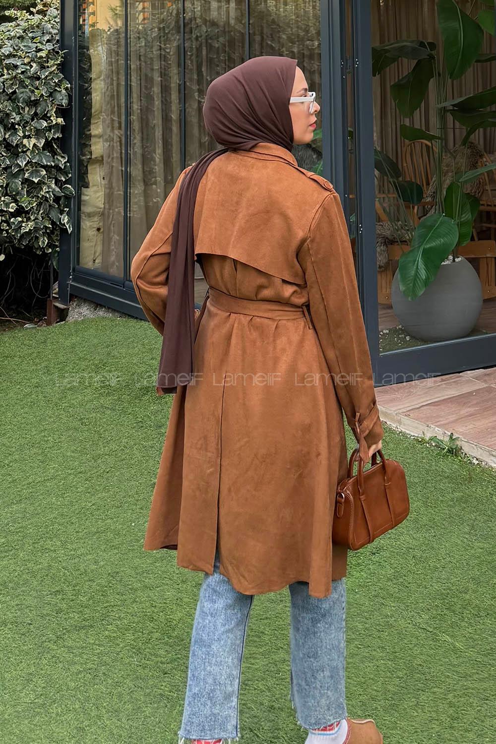 Lamelif Omuz Apoletli Süet Trençkot Taba