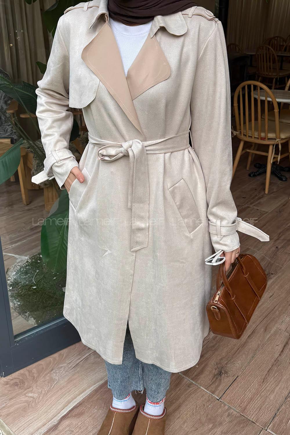 Lamelif Omuz Apoletli Süet Trençkot Taş Rengi