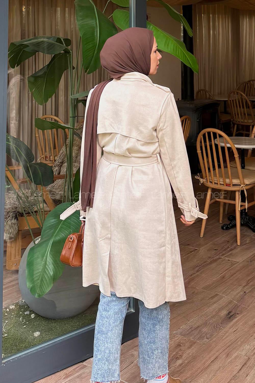 Lamelif Omuz Apoletli Süet Trençkot Taş Rengi