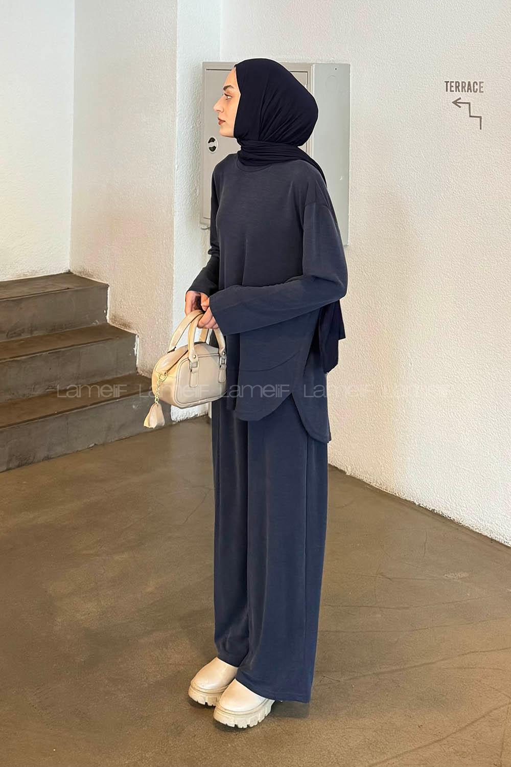 Navy Blue Crew Neck Long Arm Cotton Lycra Regular Trousers Comfortable Suit