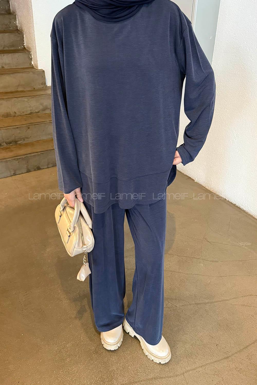 Navy Blue Crew Neck Long Arm Cotton Lycra Regular Trousers Comfortable Suit