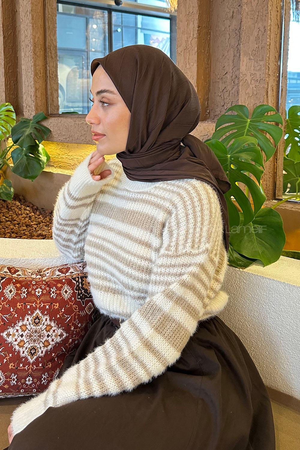 Bitter Brown Cotton Fabric Striped Striped Scarf