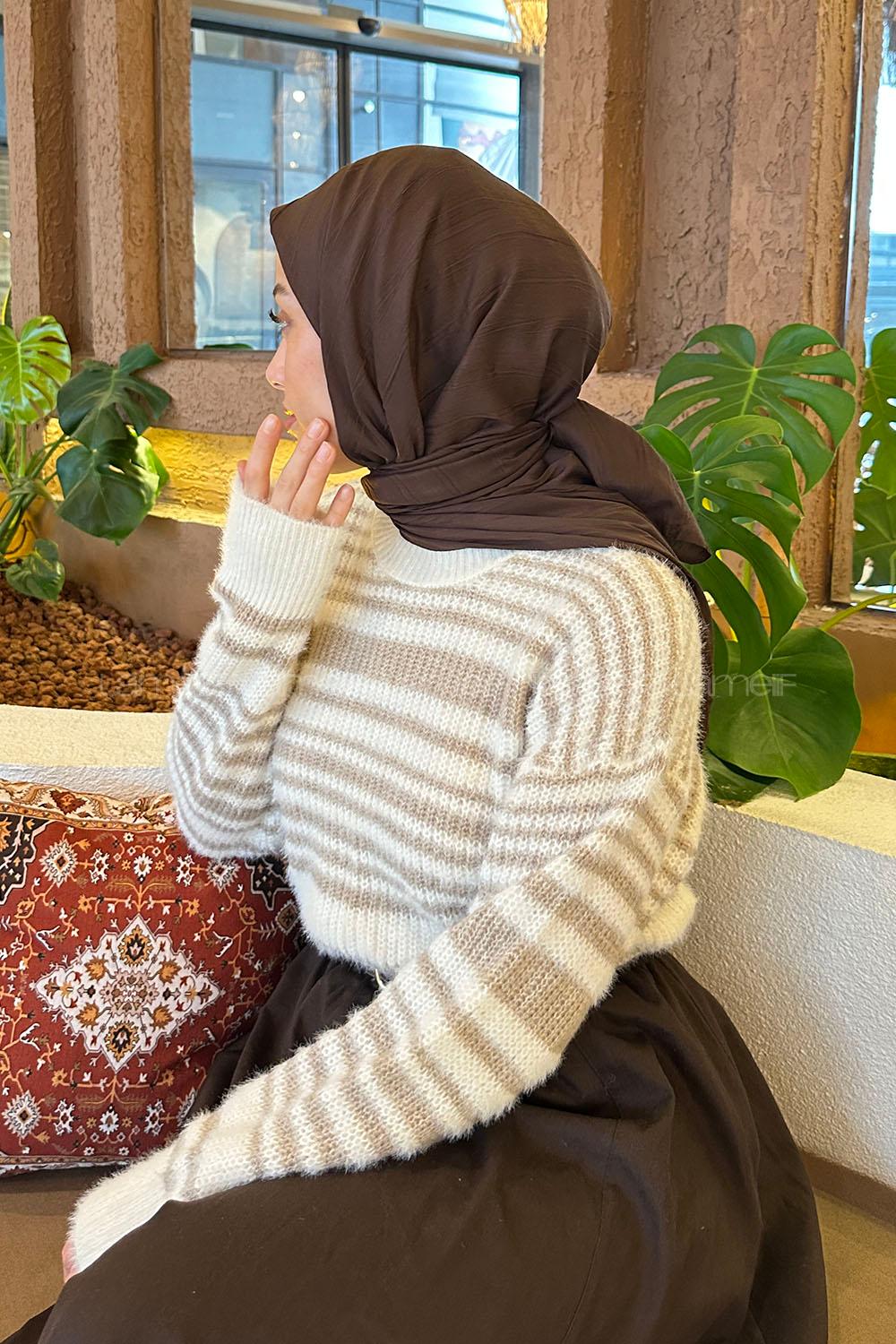 Bitter Brown Cotton Fabric Striped Striped Scarf