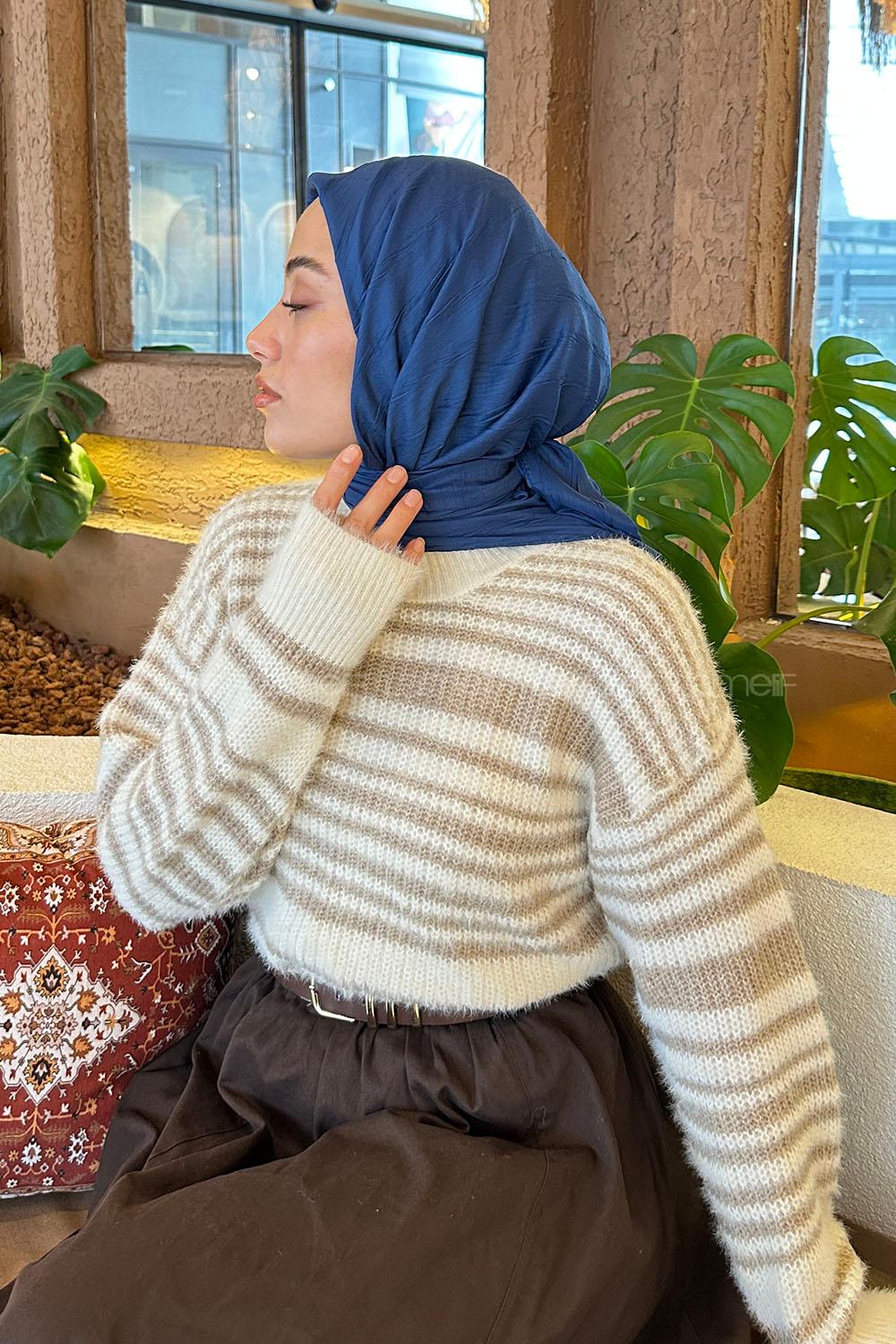 Navy Blue Cotton Fabric Striped Scarf