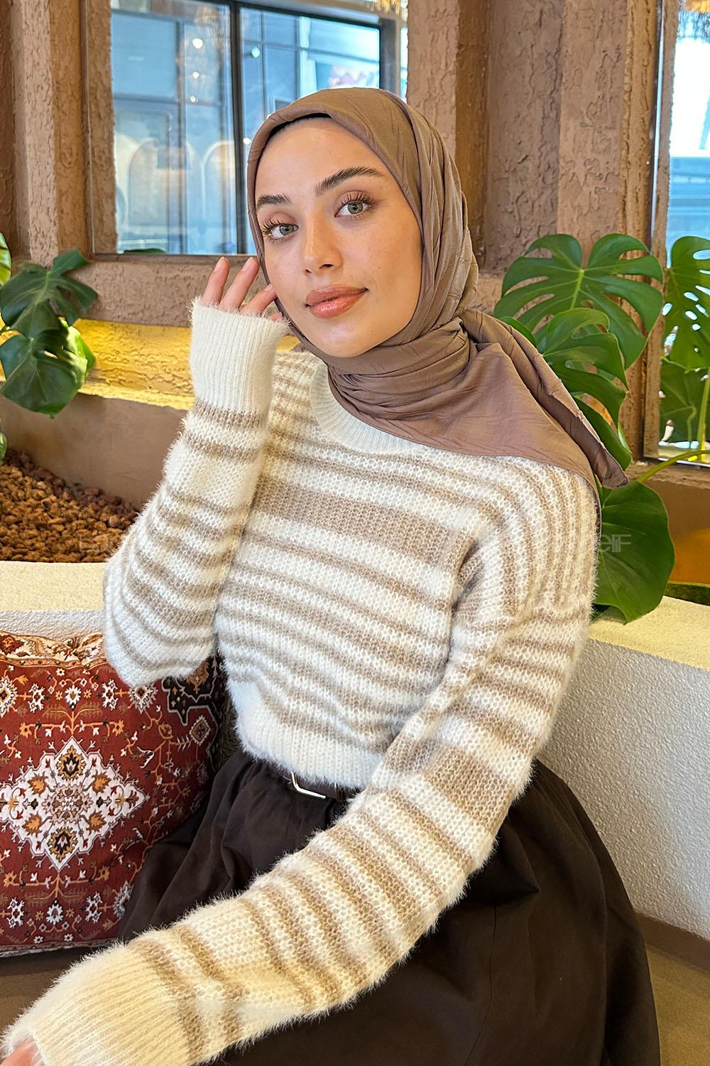 Soft Brown Cotton Fabric Striped Striped Scarf