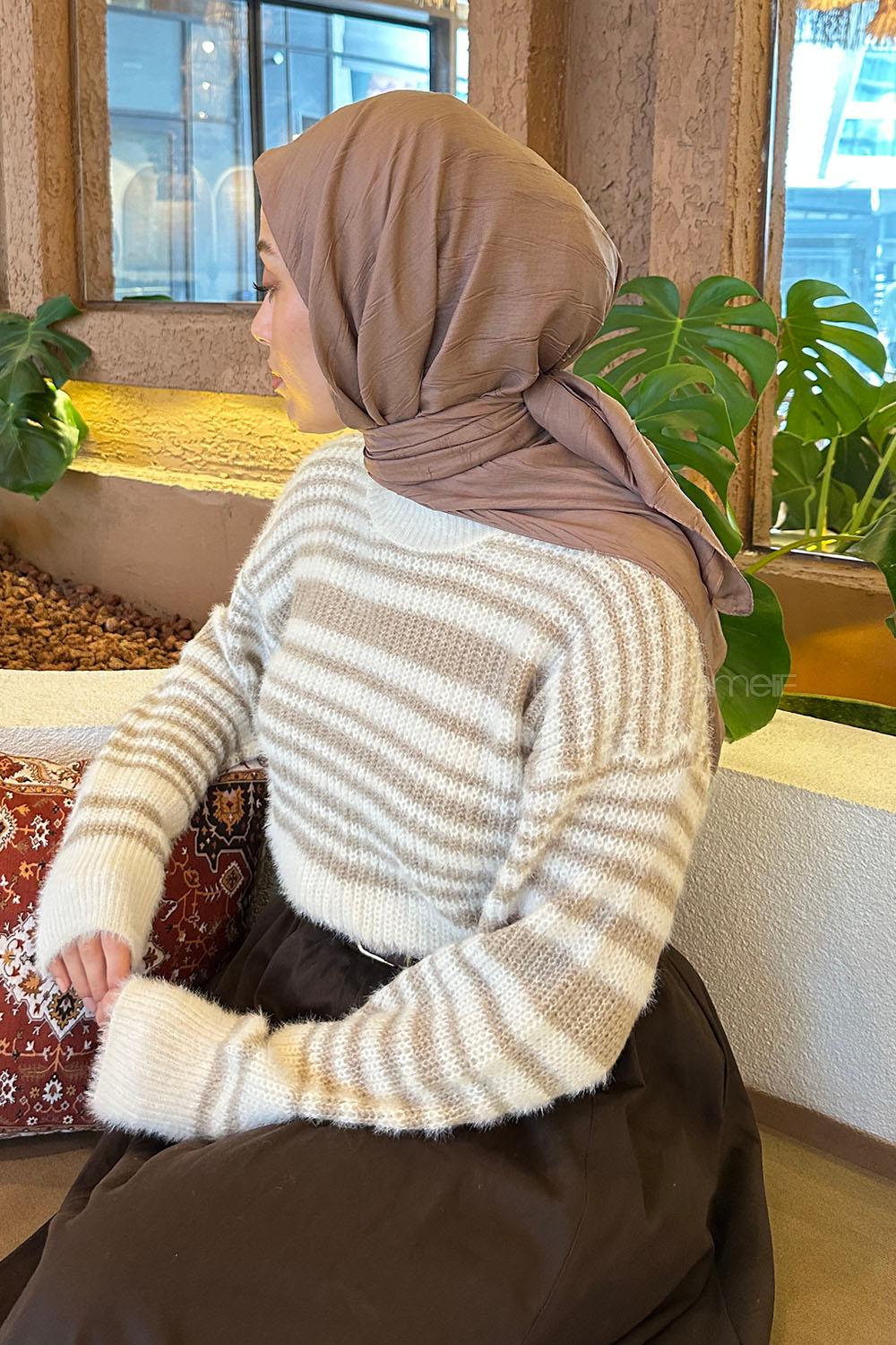 Soft Brown Cotton Fabric Striped Striped Scarf