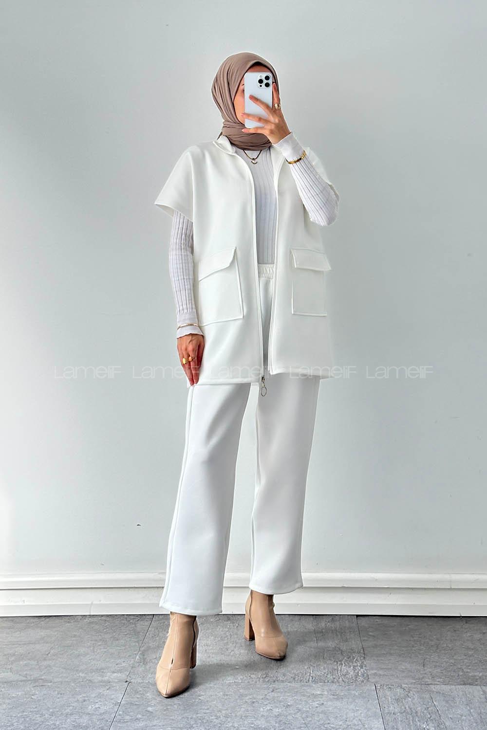 Lamelif Scuba Yelekli Tesettür Takım Beyaz
