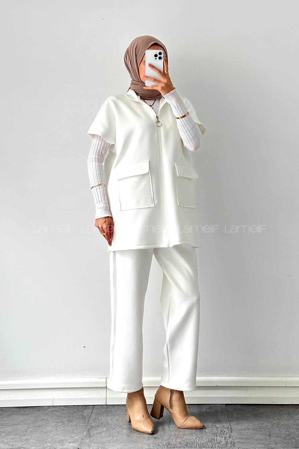Lamelif Scuba Yelekli Tesettür Takım Beyaz