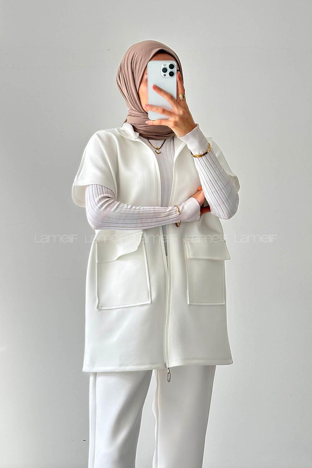 Lamelif Scuba Yelekli Tesettür Takım Beyaz