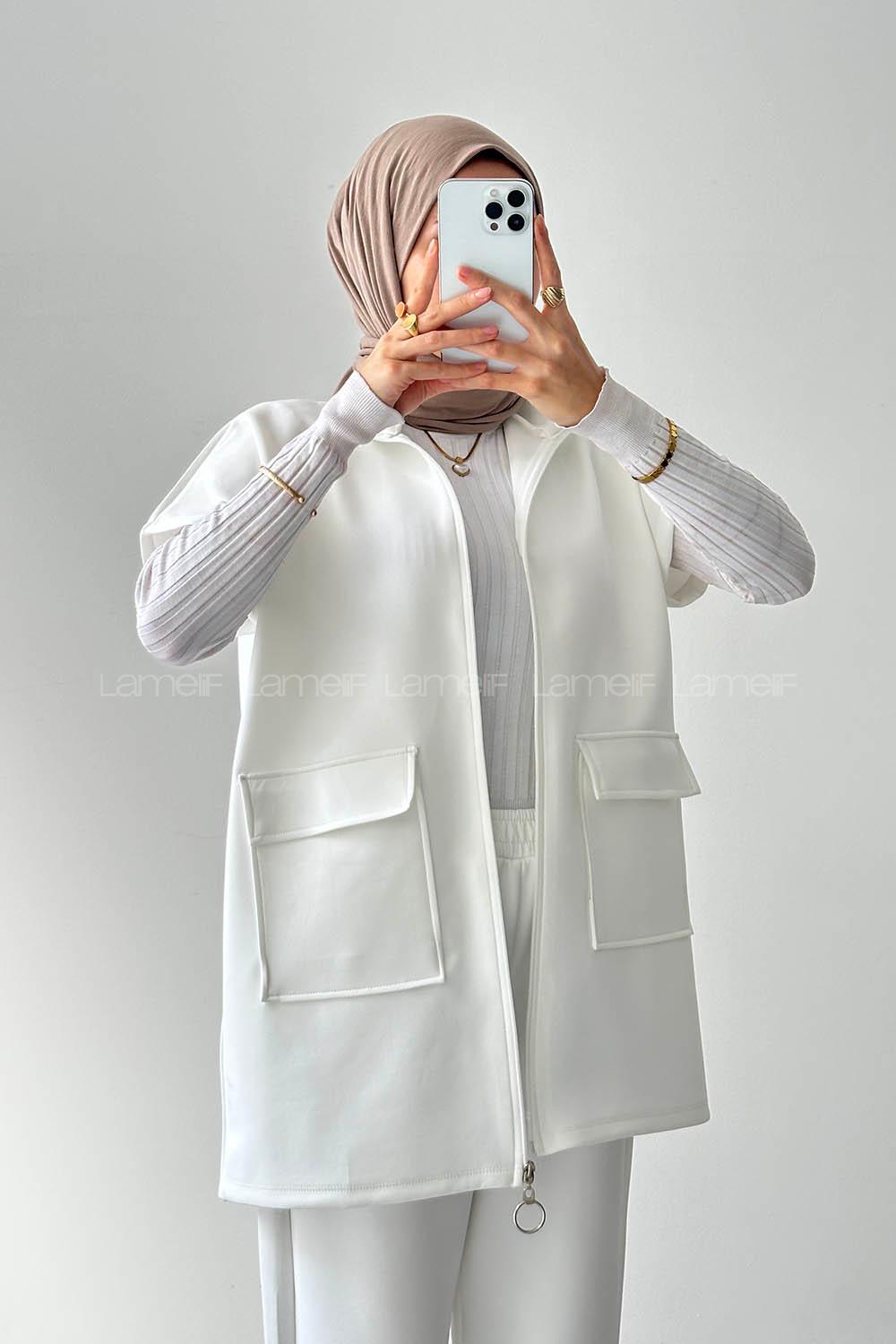 Lamelif Scuba Yelekli Tesettür Takım Beyaz