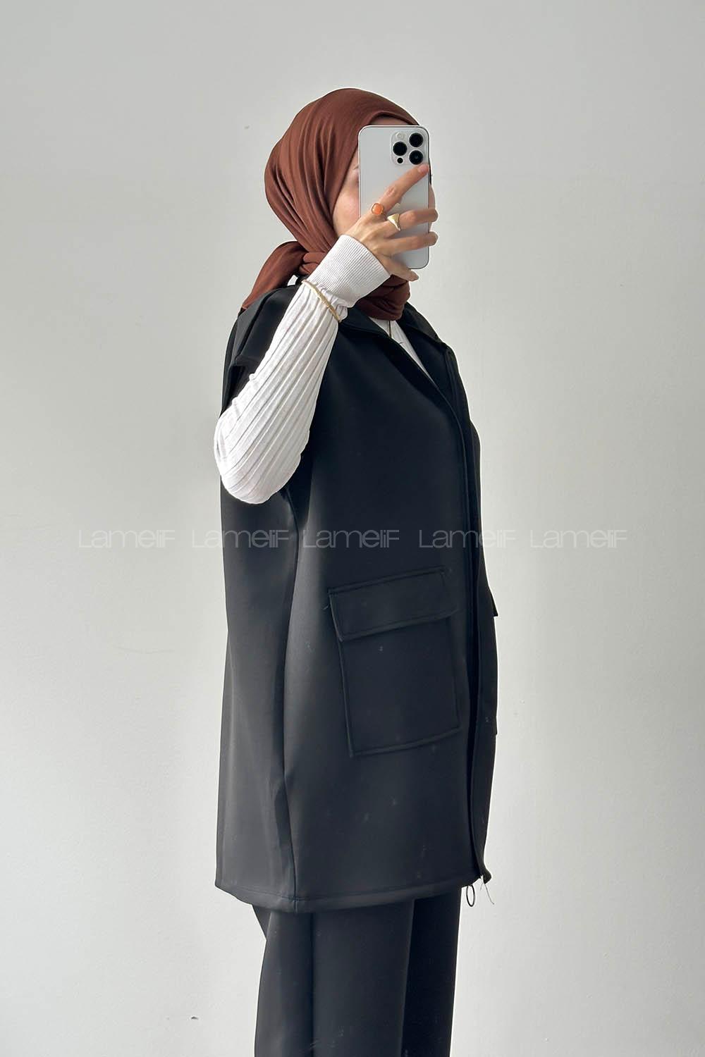 Lamelif Scuba Yelekli Tesettür Takım Siyah