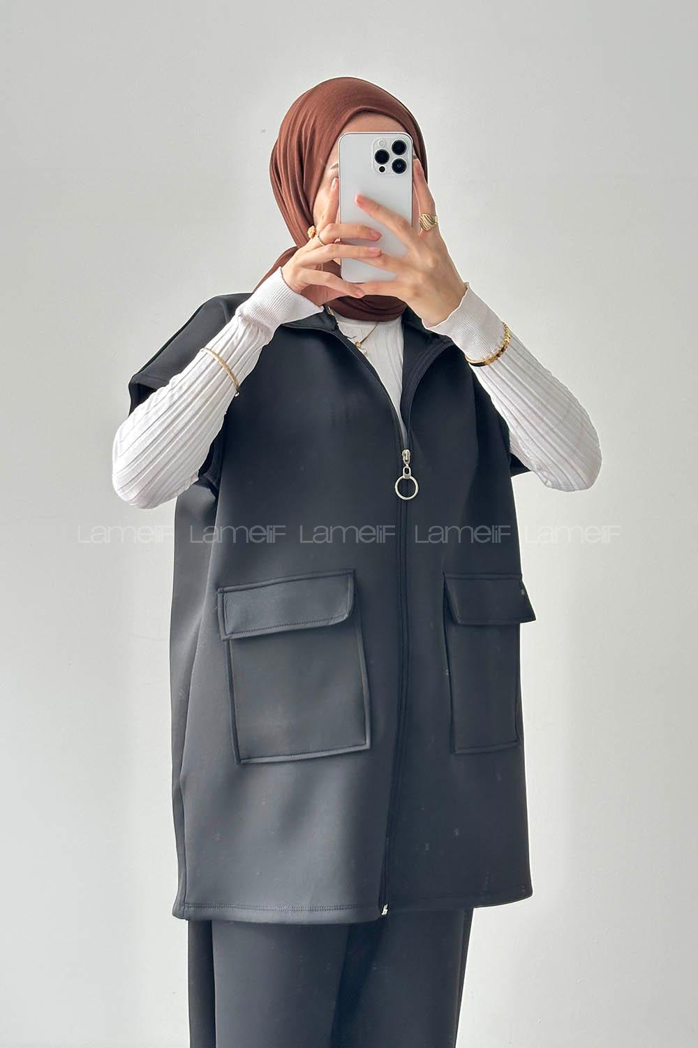 Lamelif Scuba Yelekli Tesettür Takım Siyah