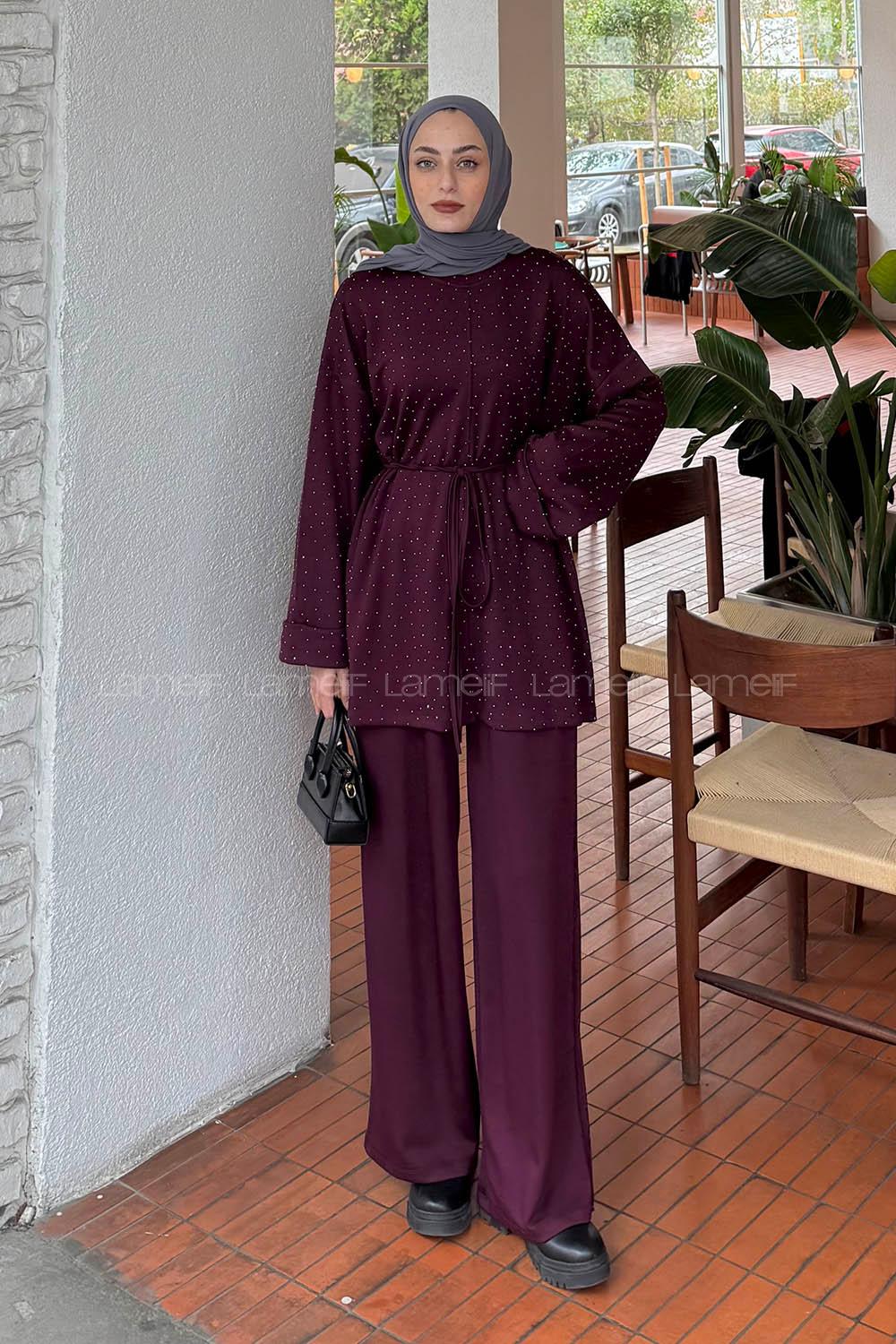 Lamelif Taşlı İkili Takım Bordo