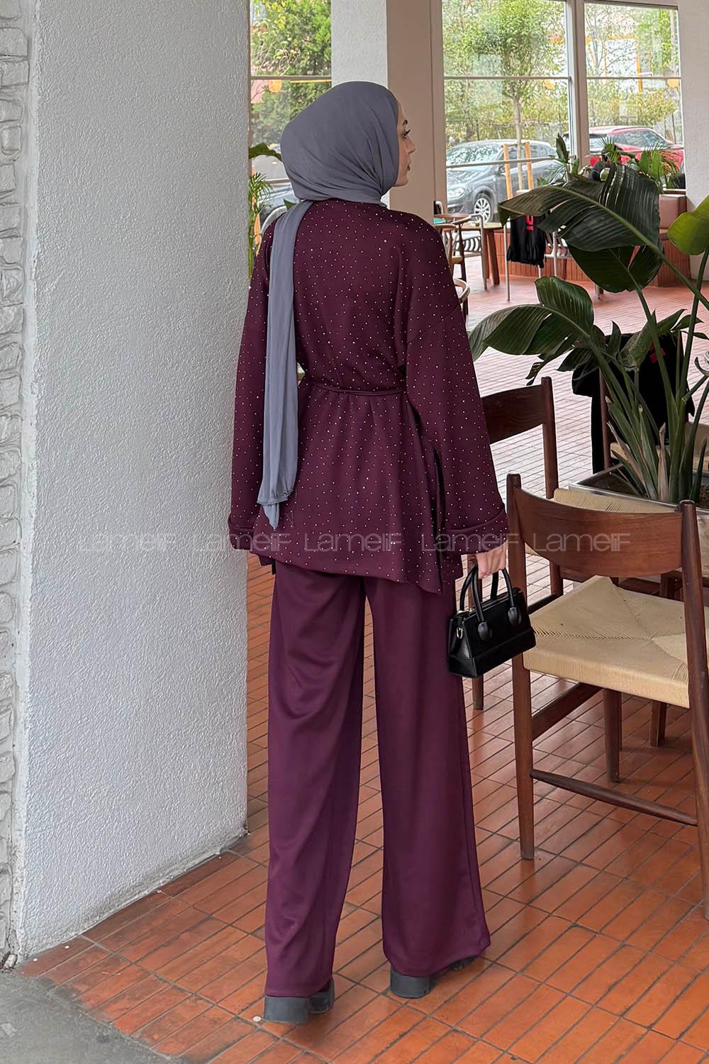 Lamelif Taşlı İkili Takım Bordo