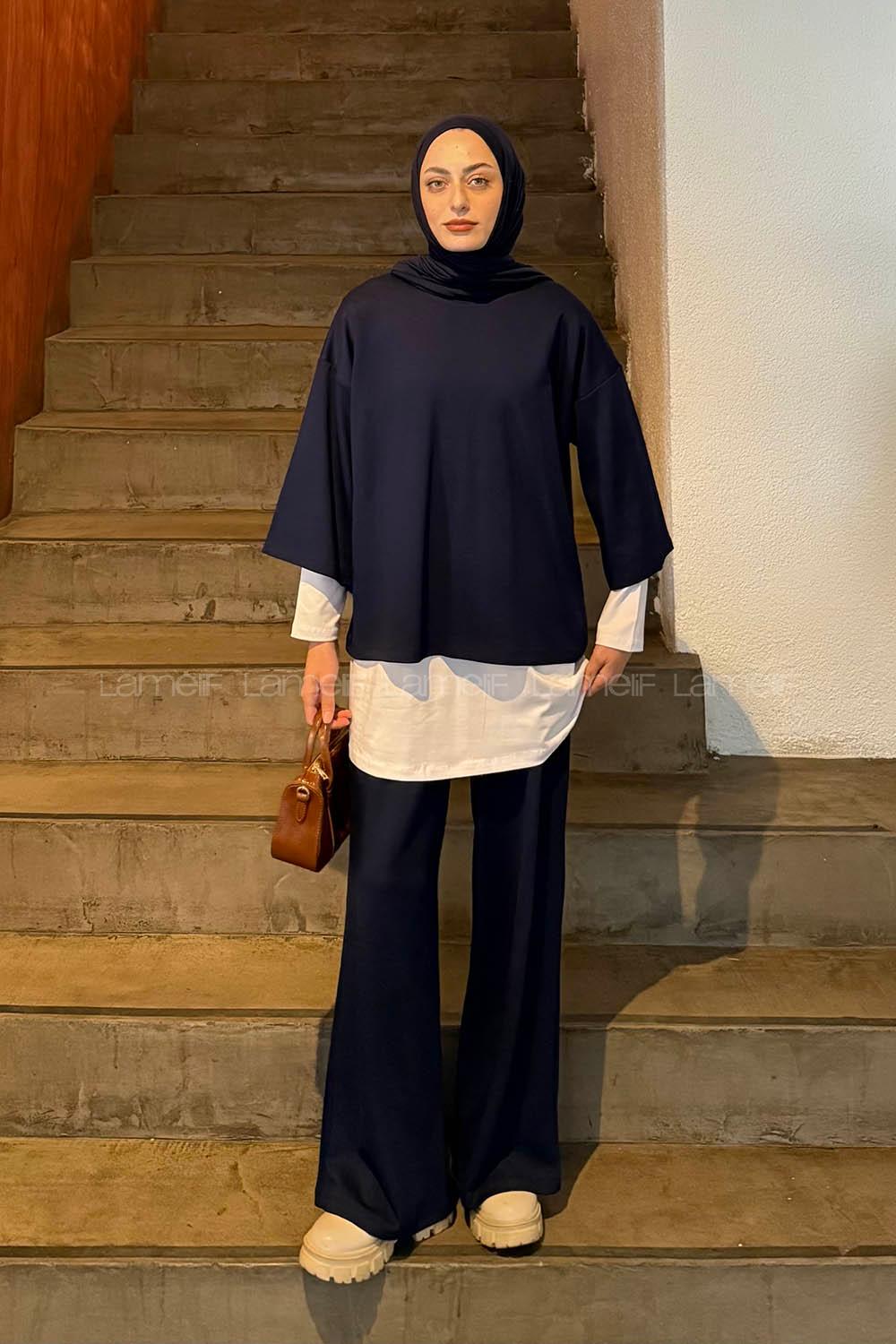 Navy Blue Crew Neck Long Arm Cotton Regular Trousers Comfortable Suit