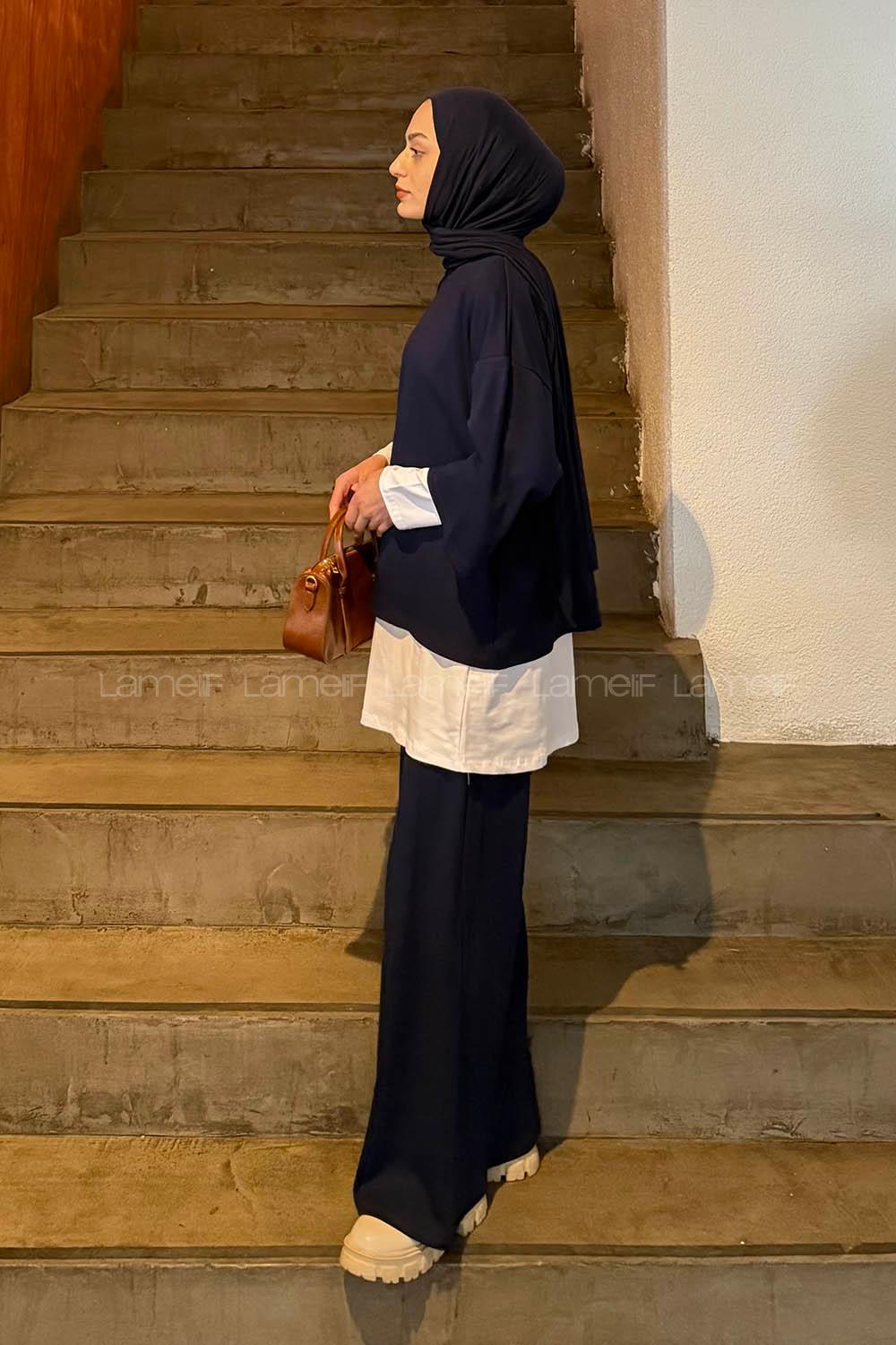 Navy Blue Crew Neck Long Arm Cotton Regular Trousers Comfortable Suit