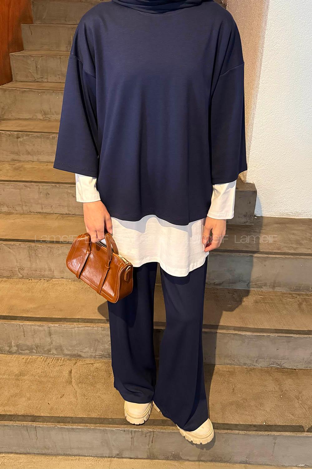 Navy Blue Crew Neck Long Arm Cotton Regular Trousers Comfortable Suit