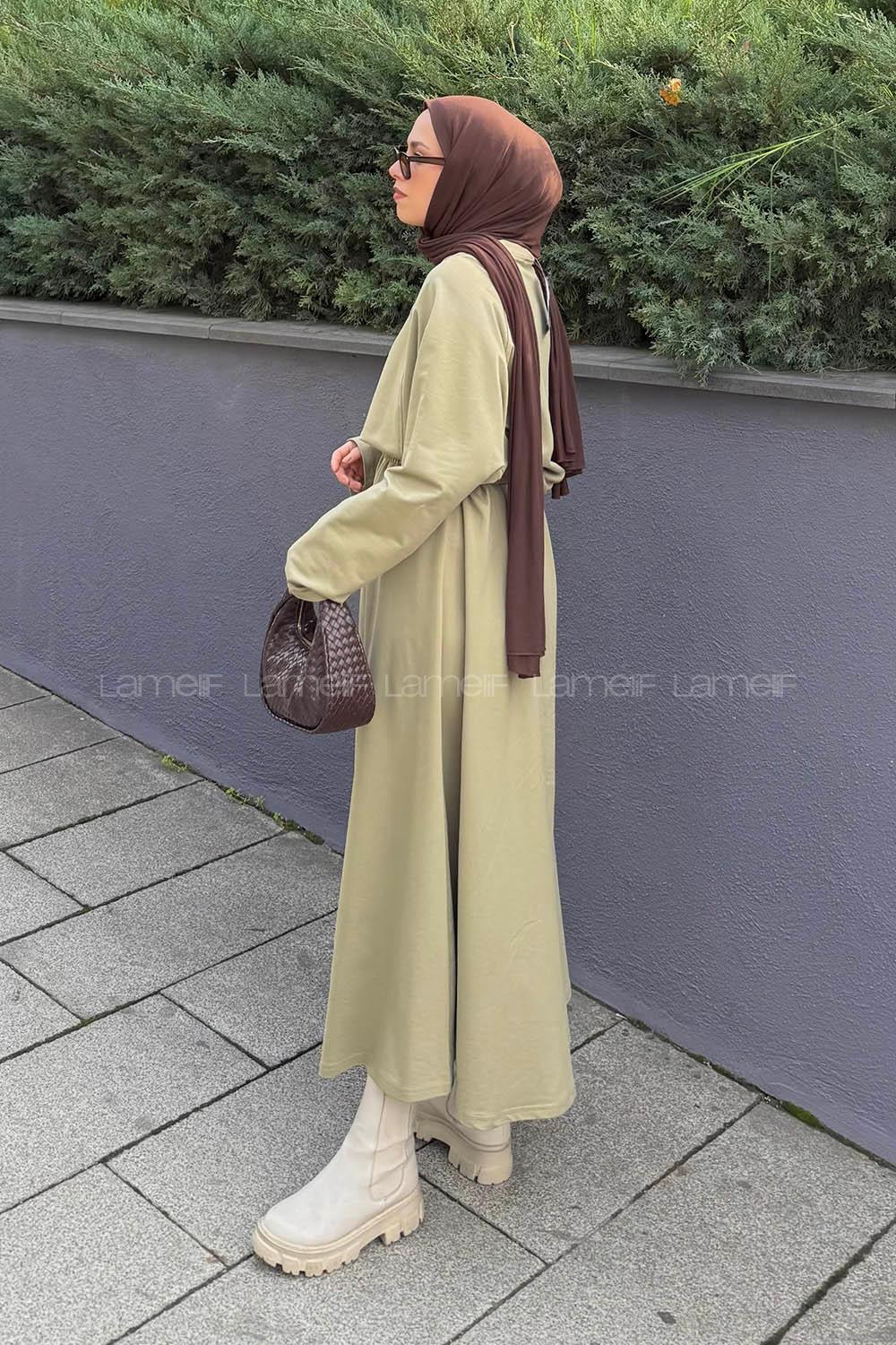 Lamelif Yarasa Kol Etekli Tesettür Takım Çağla Yeşili