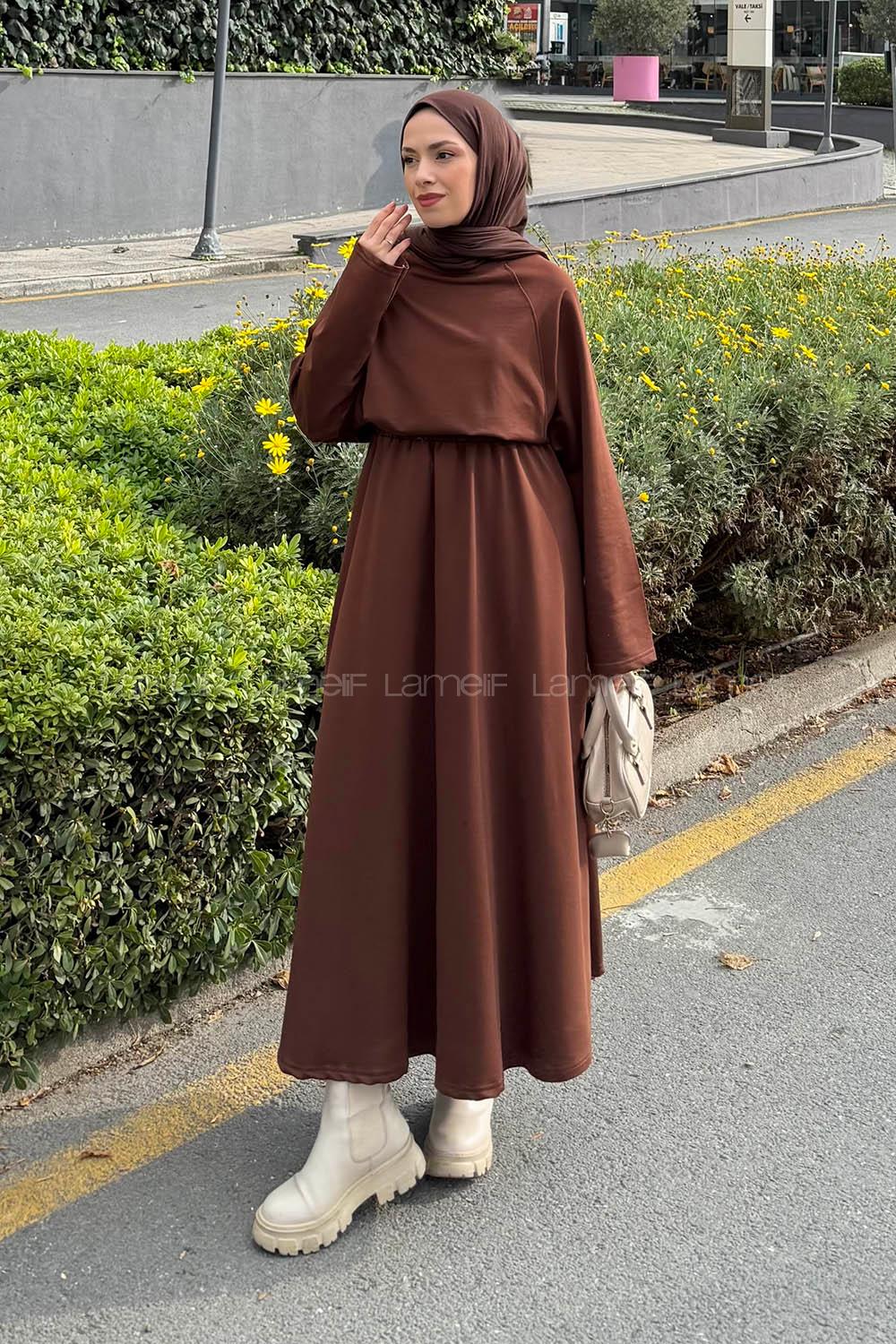 Lamelif Yarasa Kol Etekli Tesettür Takım Kahverengi
