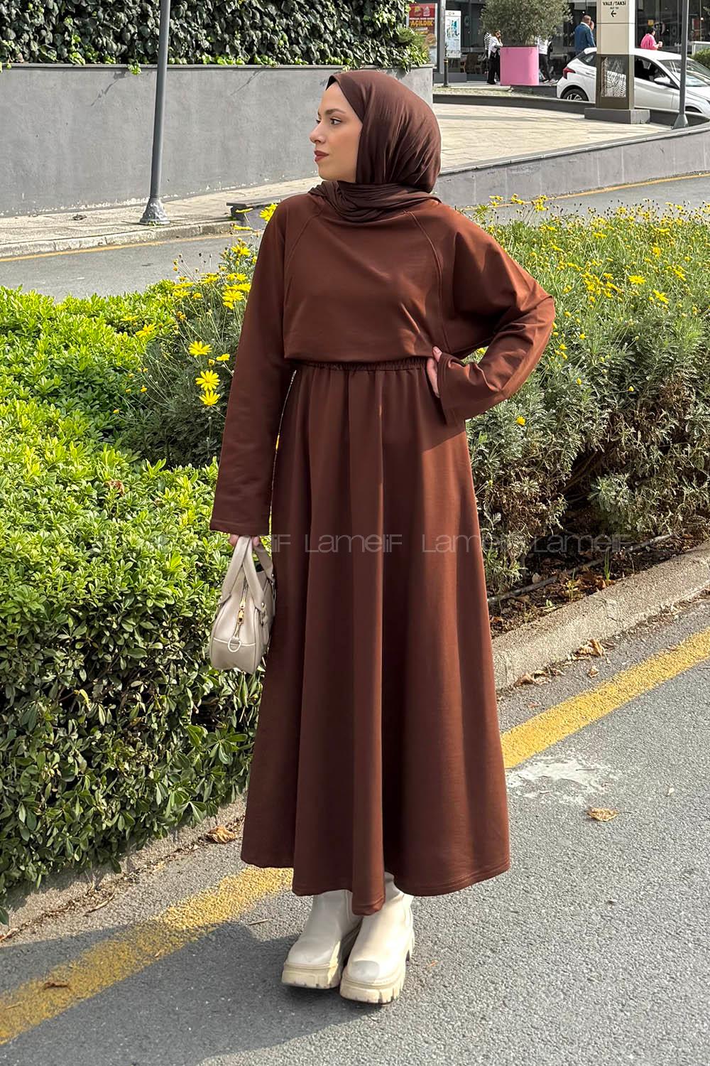 Lamelif Yarasa Kol Etekli Tesettür Takım Kahverengi