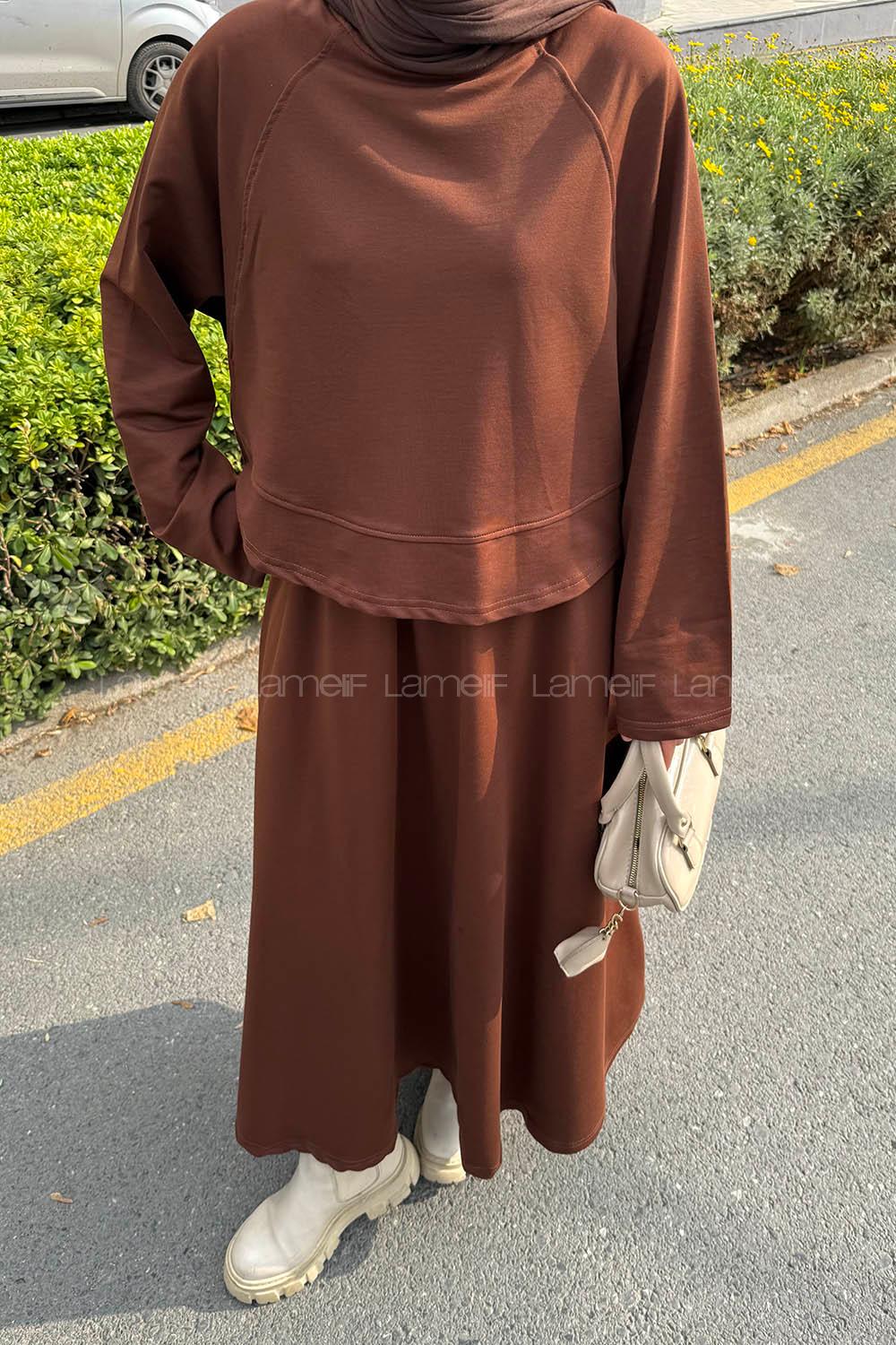 Lamelif Yarasa Kol Etekli Tesettür Takım Kahverengi