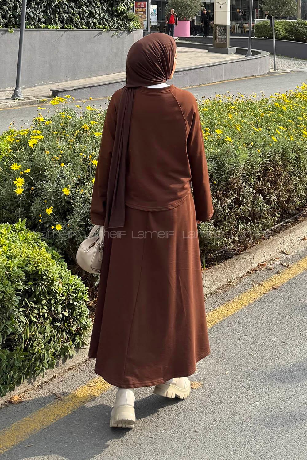 Lamelif Yarasa Kol Etekli Tesettür Takım Kahverengi