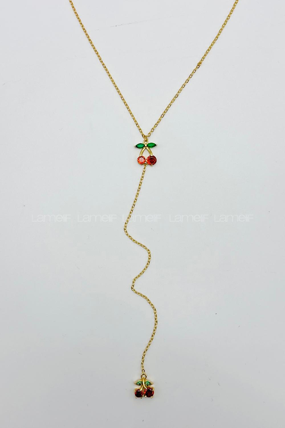 Lamelif Gold Kiraz Taşlı Y Kolye