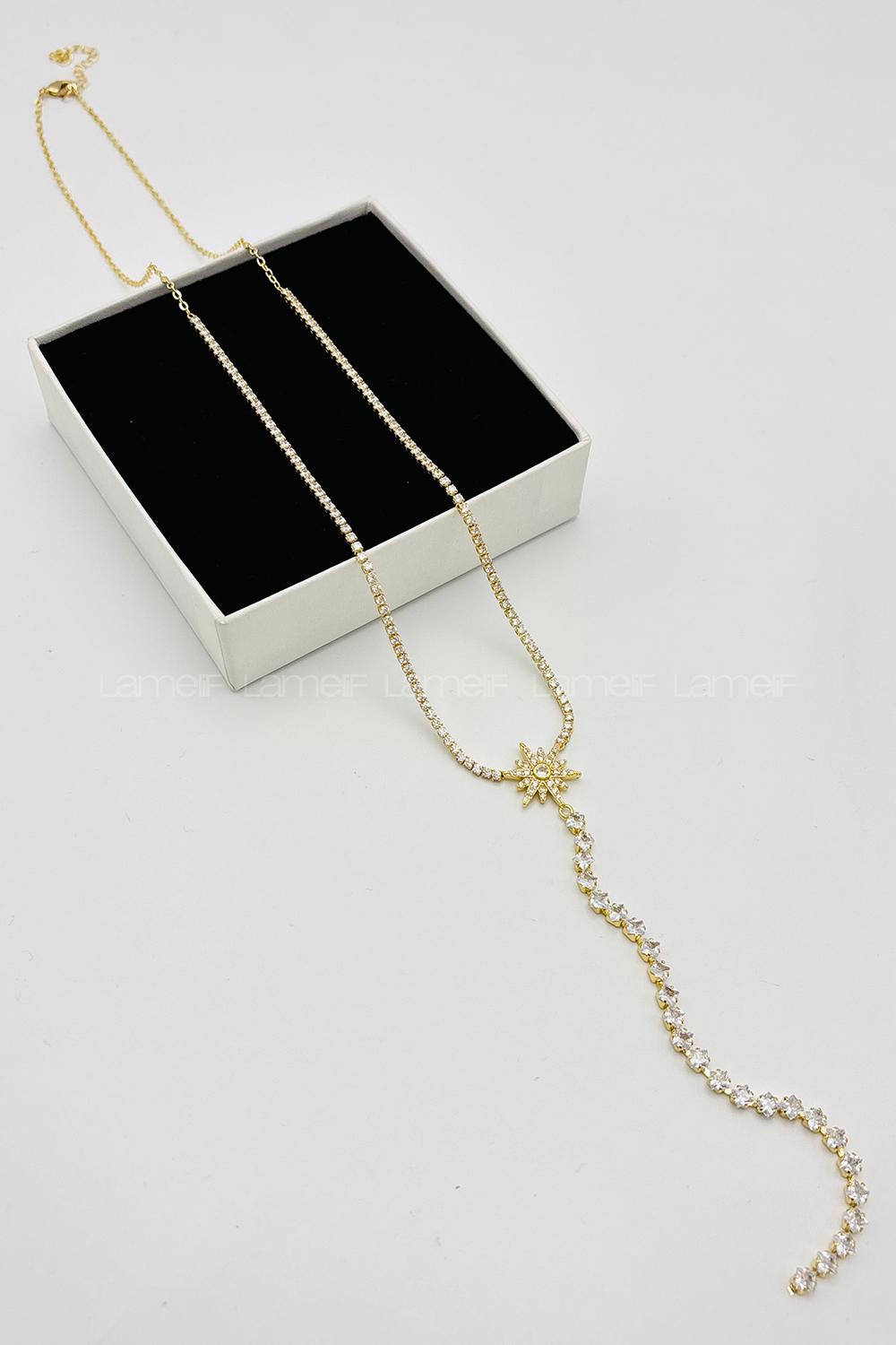 Lamelif Gold Kristal Kuzey Yıldızı Su Yolu Taşlı Y Kolye