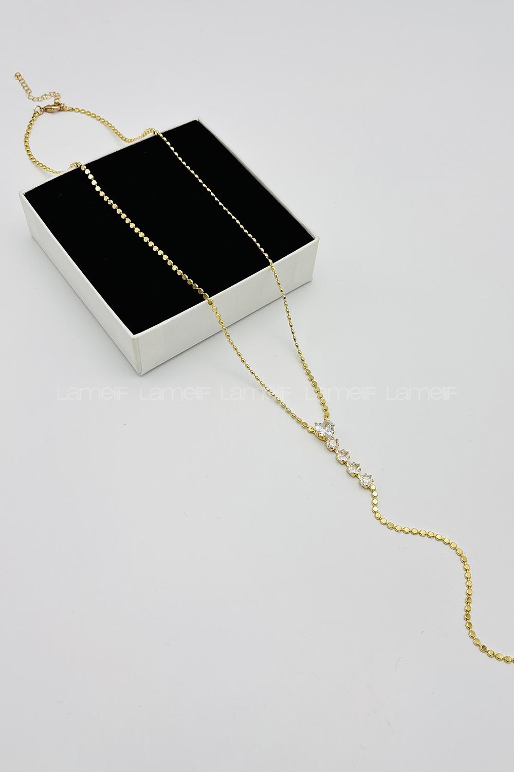 Lamelif Gold Kristal Taşlı Kalp Y Kolye