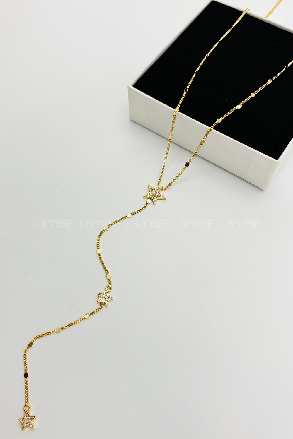 Lamelif Gold Kristal Taşlı Üç Yıldız Y Kolye