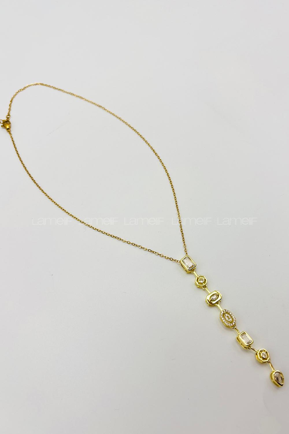 Lamelif Gold Minimalist Kristal Taşlı Y Kolye